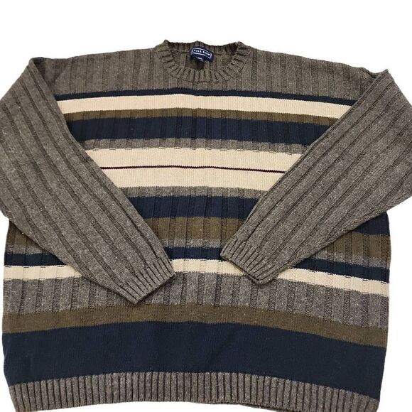 Savile Row Men's Gray Striped Ramie Ribbed Crew Neck Pullover Sweater Large - Picture 5 of 8